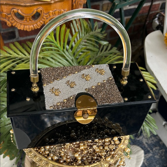 Vintage DORSET Black and Gold Lucite Box Bag - Picture 1 of 13